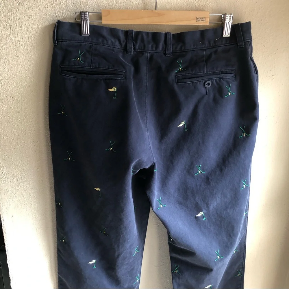 Vintage J. Crew Flat Front Broken In Chino. Navy w/ Golf Theme. Size 34W x 34L